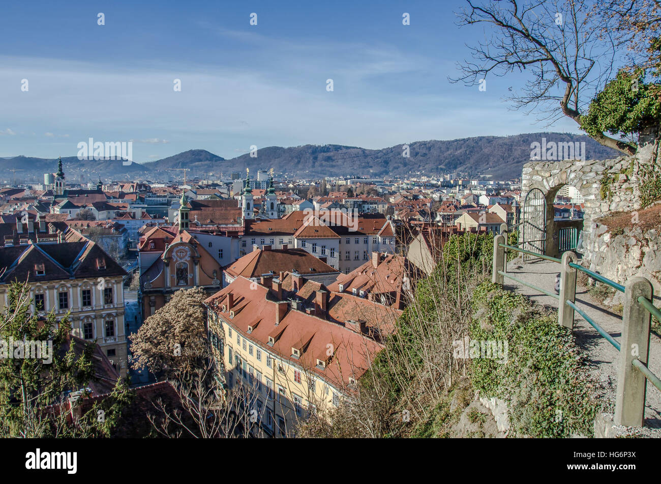Grazer Schlossberg Schlossberg heute ein öffentlicher Park genießt einen herrlichen Blick über die Stadt. Stockfoto