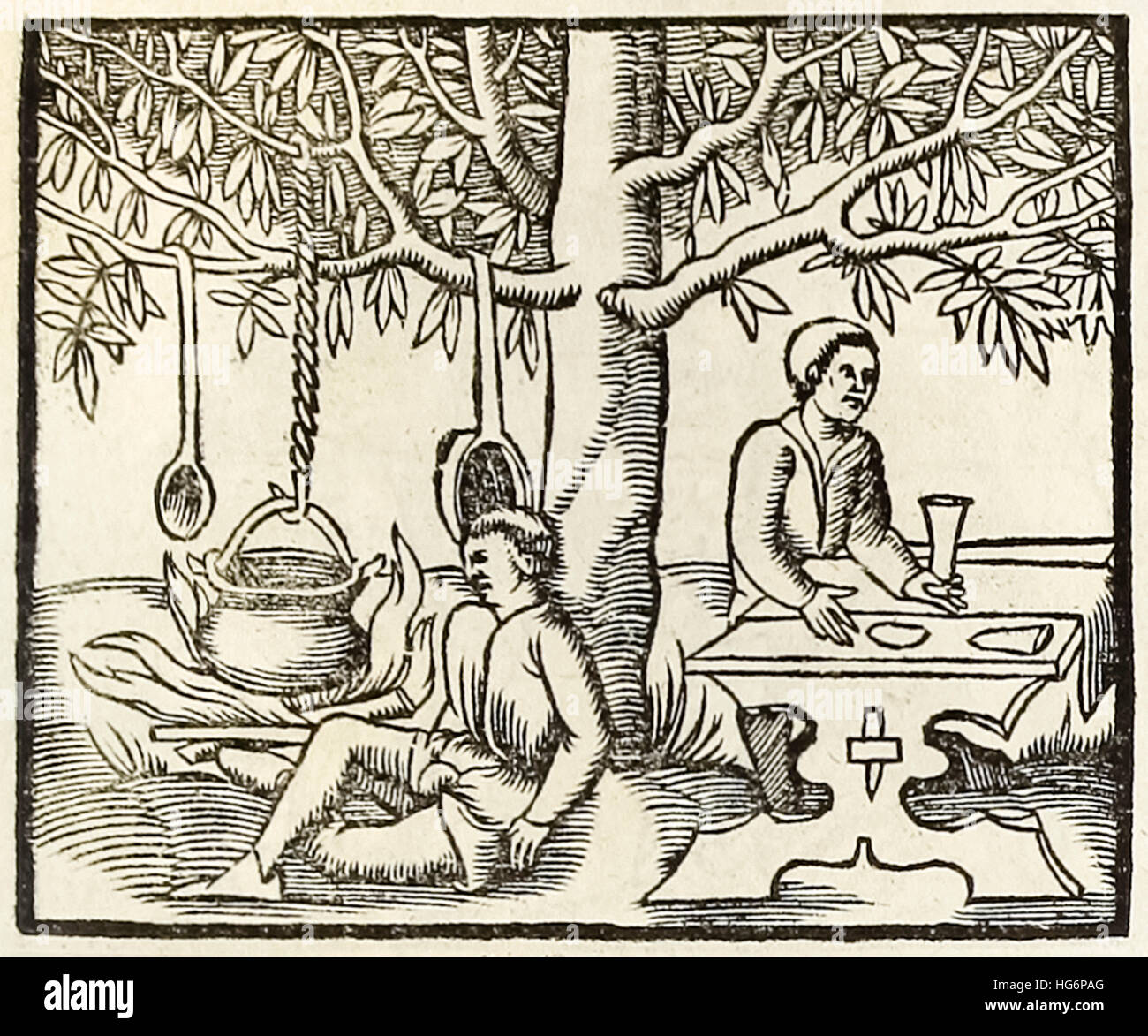 Kochen Topf und warten Diner, Holzschnitt von 1550-Ausgabe der "Cosmographia" von Sebastian Münster (1488-1552). Siehe Beschreibung für mehr Informationen. Stockfoto