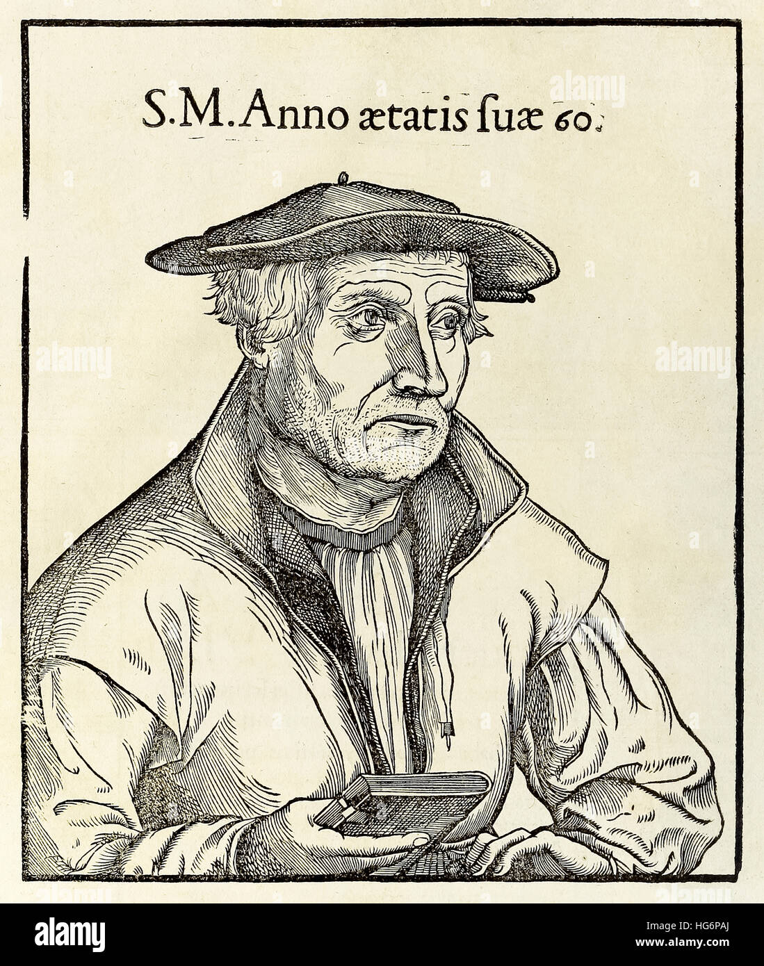 Holzschnitt-Porträt von Sebastian Münster (1488-1552) aus einer 1550-Edition von seiner "Cosmographia". Siehe Beschreibung für mehr Informationen. Stockfoto