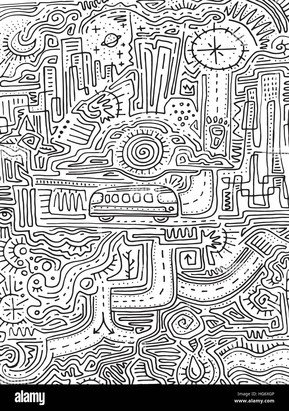 Vektor-Illustration von Hand gezeichnet oder Zeichnung von einem städtischen Labyrinth und Symbolen Stock Vektor