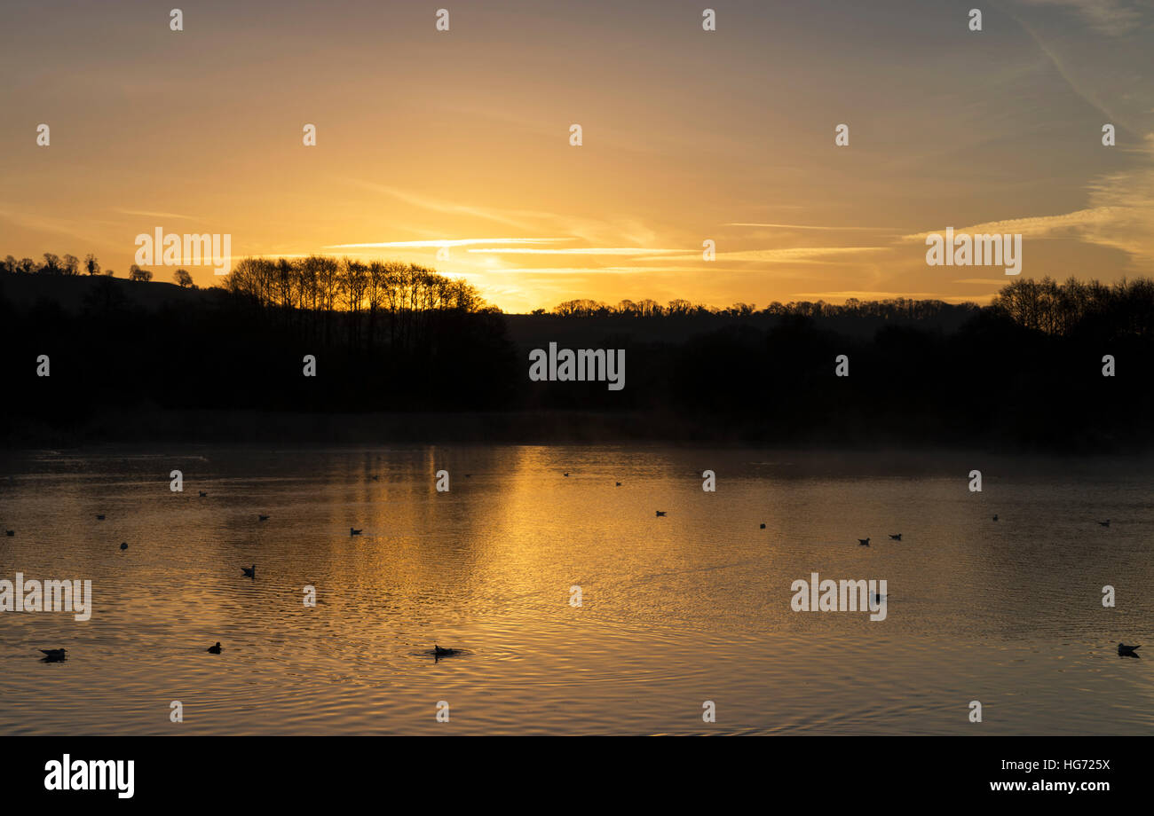 Frostiger Morgen von Chew Valley Lake mit die gerade aufgehende Sonne über die Berge. und Wasservögel an einem frostigen Morgen aufwachen Stockfoto