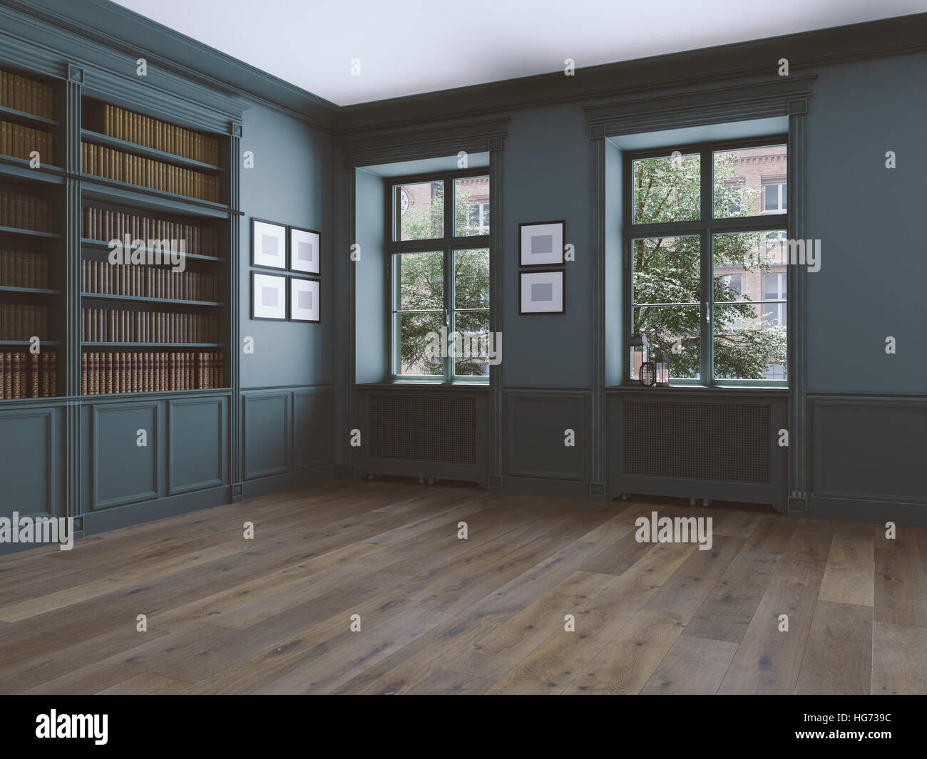 leeren Raum mit Fenstern und Parkett. 3D-Rendering Stockfoto