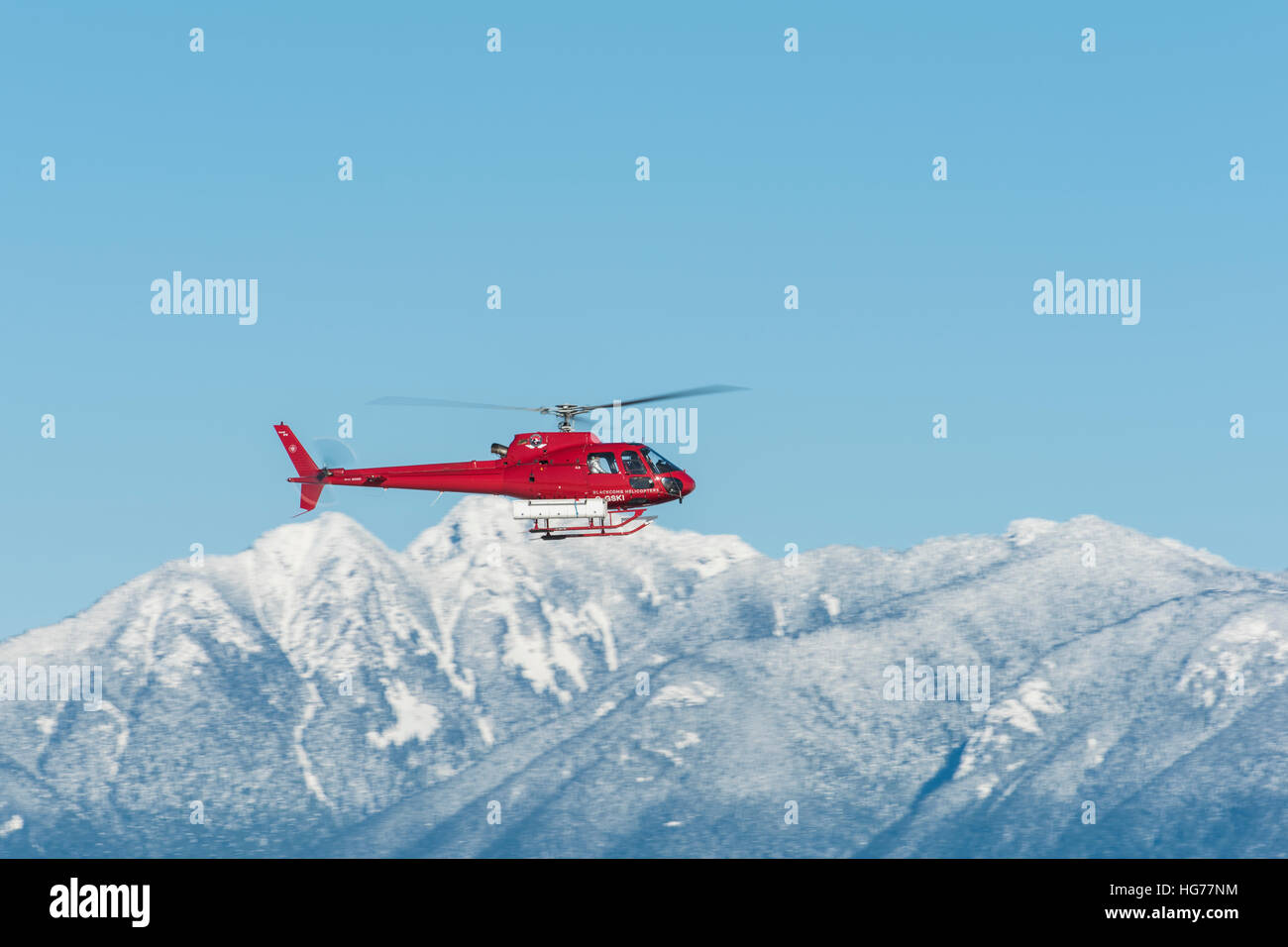 AS350B3 Ecureuil Helikopter in der Luft mit den Coast Mountains im Hintergrund, Britisch-Kolumbien. Stockfoto