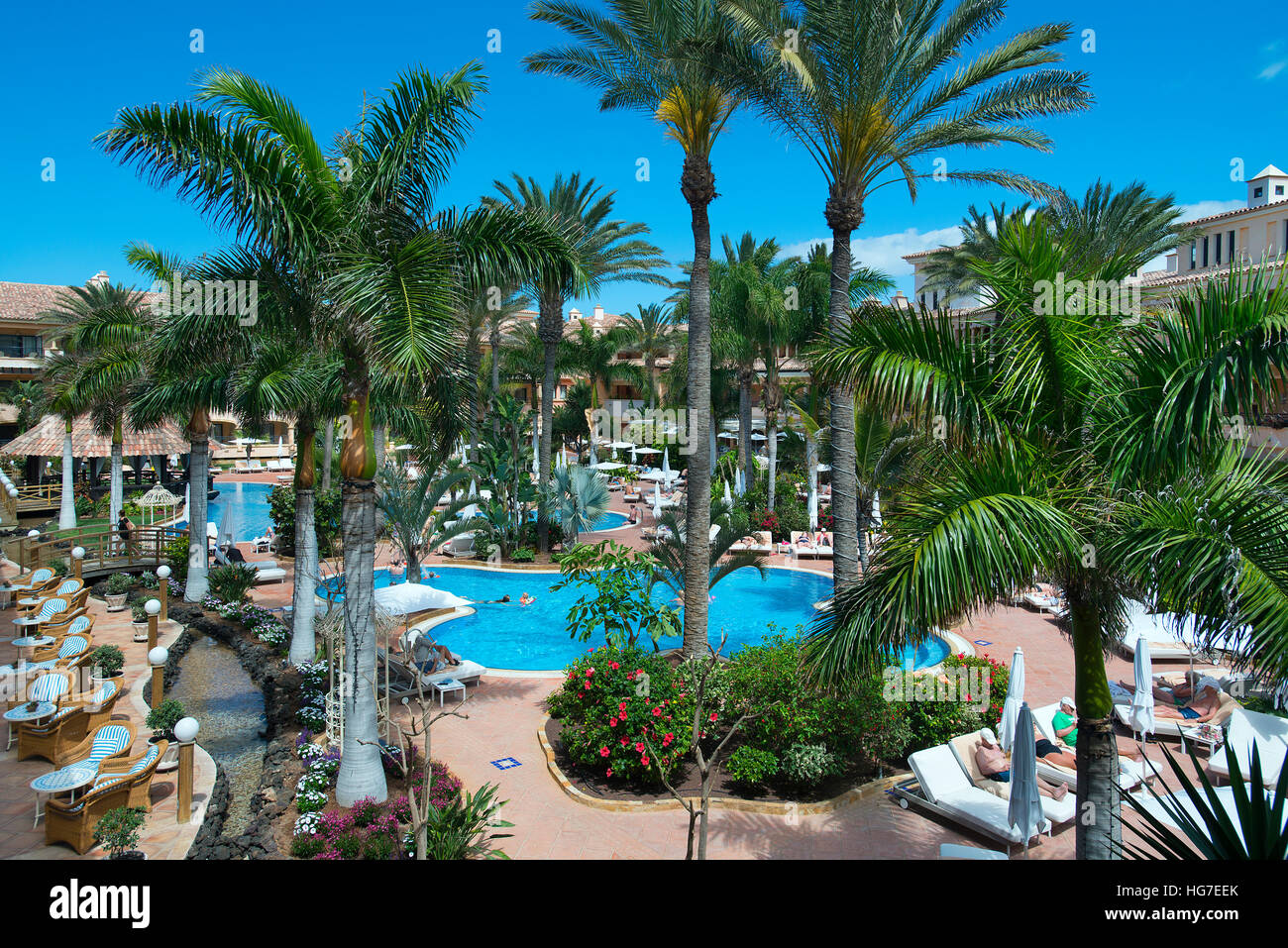 Pool & Gärten im Gran Hotel Atlantis Bahia Real, Corralejo, Fuerteventura, Kanarische Inseln, Spanien Stockfoto