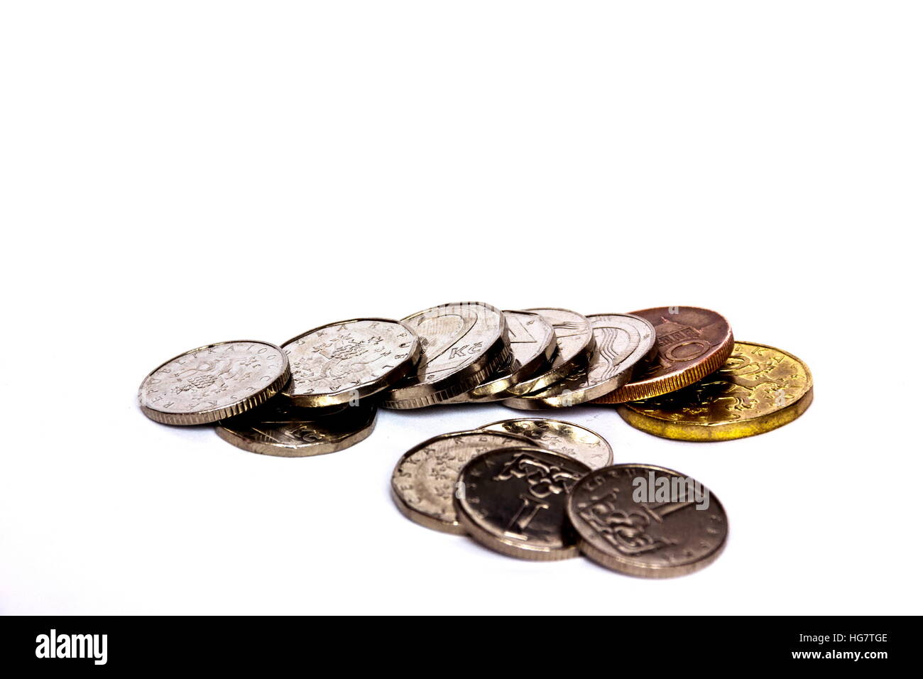 Tschechische Münze. Tschechische Geld auf weißem Hintergrund. Stockfoto
