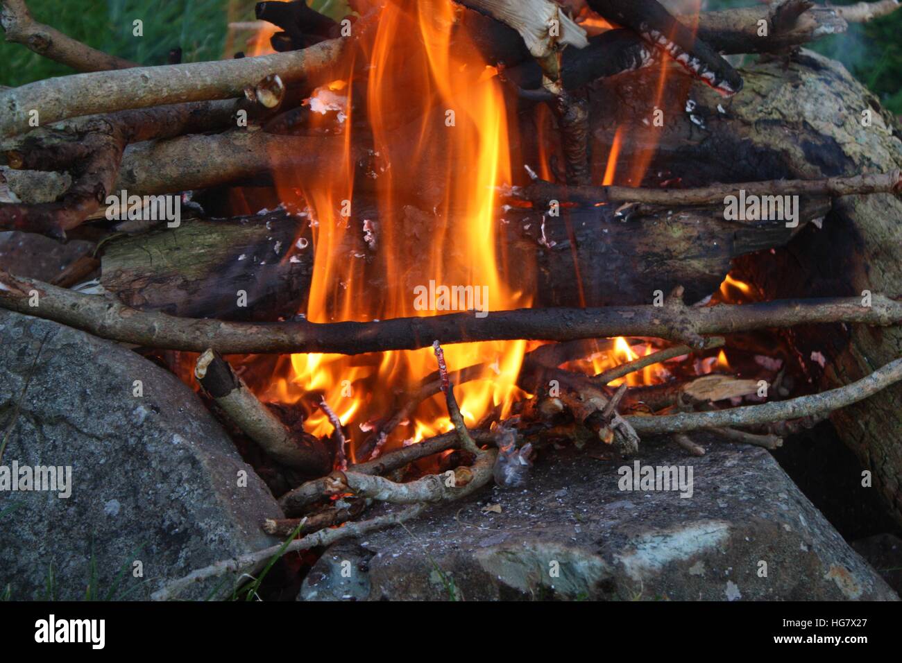 Leuchtend Orange Flammen in einem offenen Feuer Stockfoto