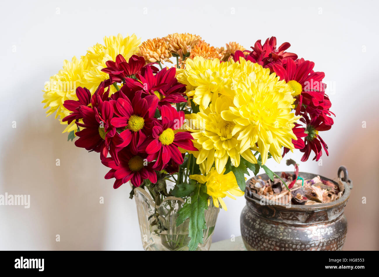 Eine Vase mit geschnittenen Spray Chrysanthemeblumen drinnen im winter Stockfoto