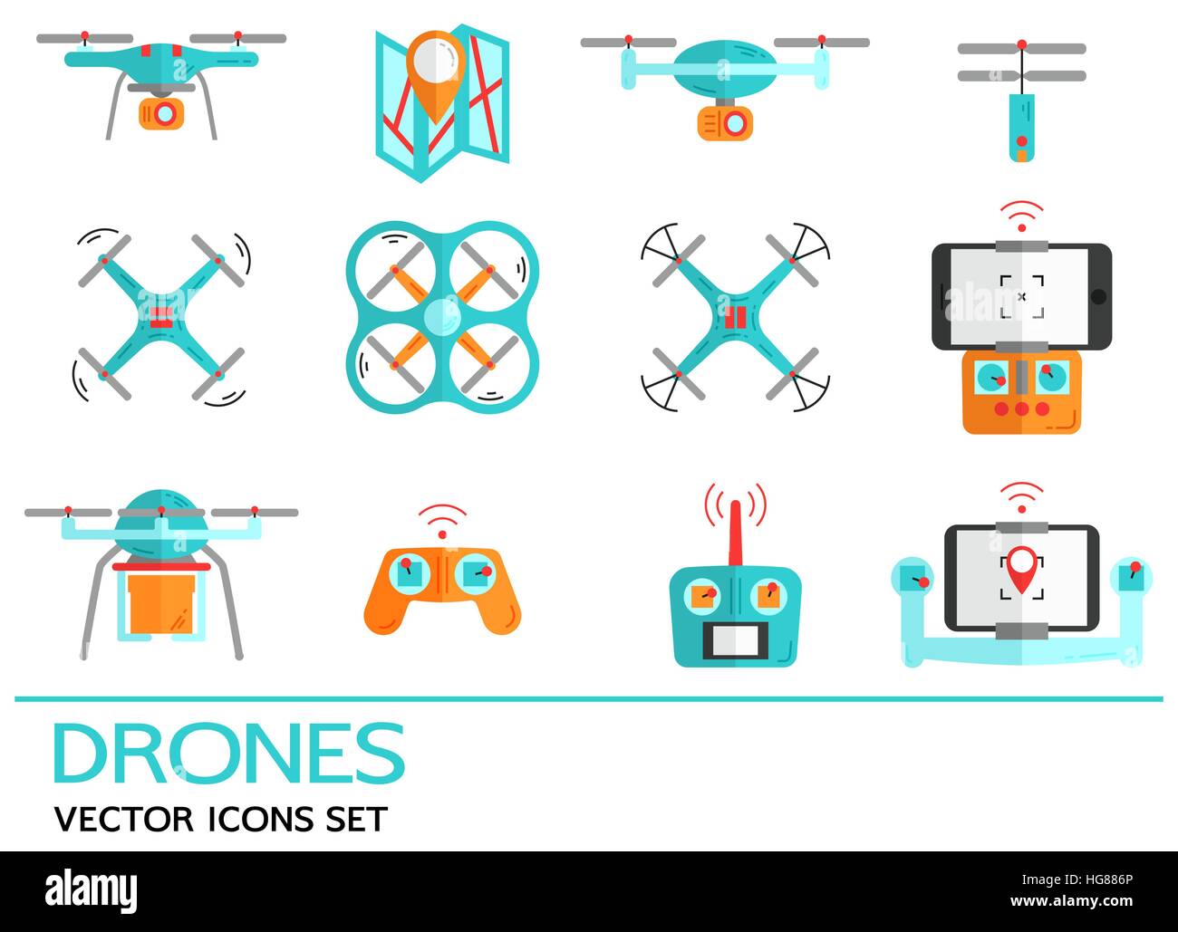 Flache Vektor-Icons set mit Drohnen. Auflistung von Elementen mit Quadrocopter, Hexa, Multikopter in flachen Stil gemacht. Stock Vektor