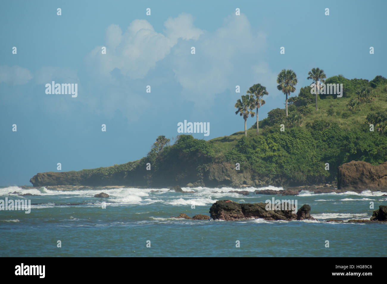 Weiße Wellen in den Felsen und Klippen in der Dominikanischen Republik. Der Hang ist in grünen Pflanzen und Palmen bedeckt.  Eine große weiße Cumulus-Wolke Stockfoto