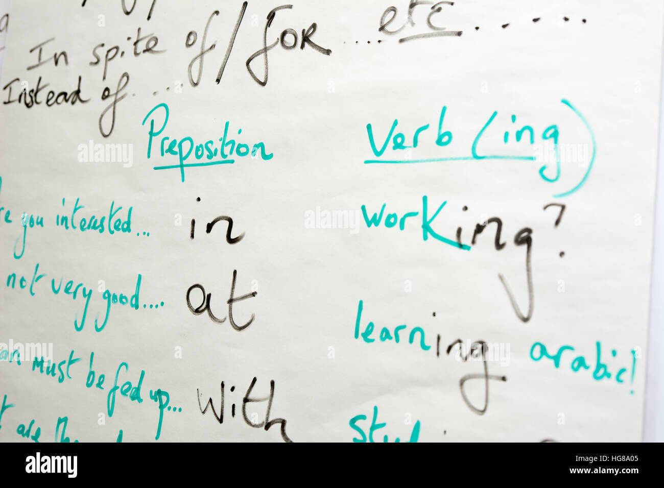 Englische Grammatik-Erläuterungen zur Whiteboard mit Präpositionen und Verben Stockfoto
