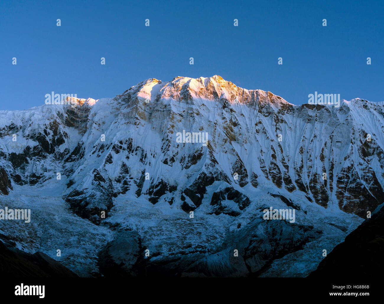 Blick auf den Schnee bedeckt Annapurna 1 North Face bei Sonnenaufgang, Chomrong, Distrikt Kaski, Nepal Stockfoto