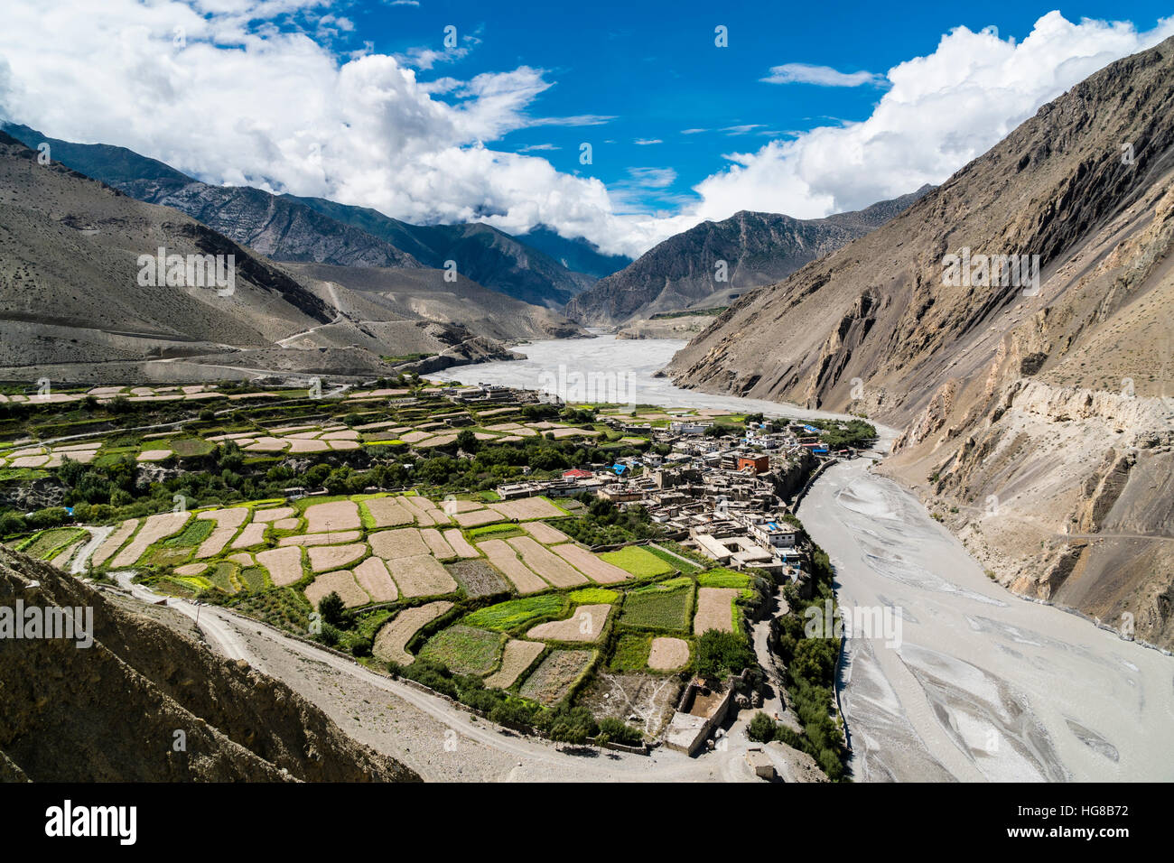 Luftaufnahme, Agrarlandschaft des Kali Gandaki Tal mit Gerste Felder und Häuser im Ortsteil, Kagbeni, Mustang Stockfoto