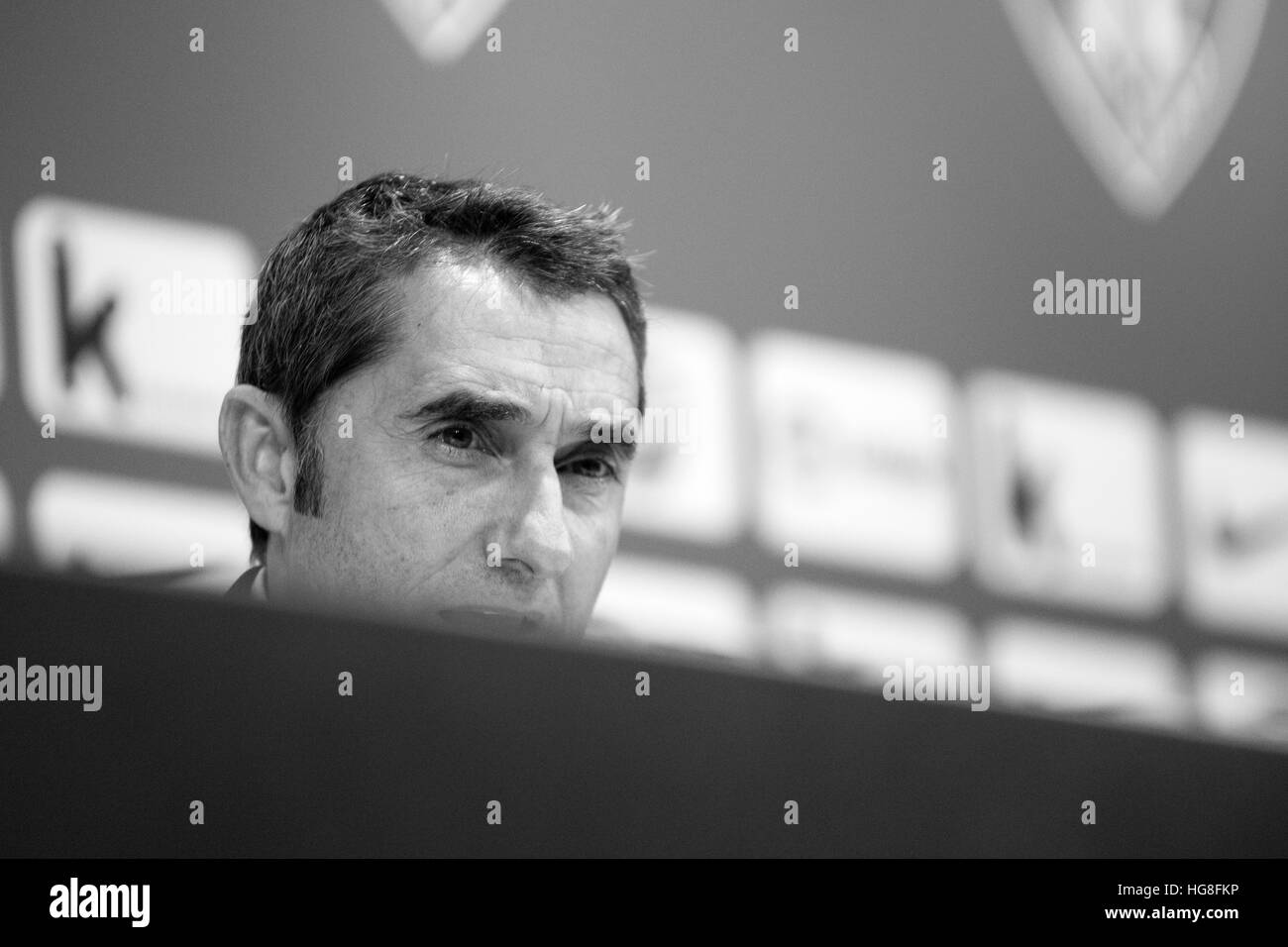 Bilbao, Spanien. 5. Januar 2017. Ernesto Valverde (Trainer, Athletic Club) während der Pressekonferenz des Fußballspiels der Runde der 16 des spanischen Königs Stockfoto