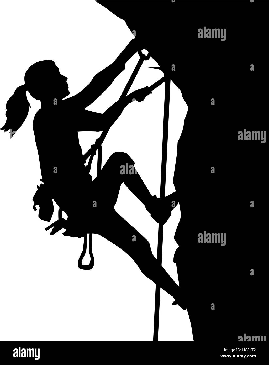 Weibliche Kletterer Silhouette in Seilen ein Felsen Stock Vektor
