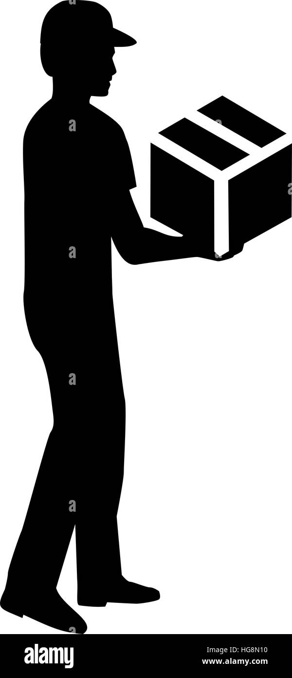 Lieferung Mann. Silhouette Mann mit Paket. Stock Vektor