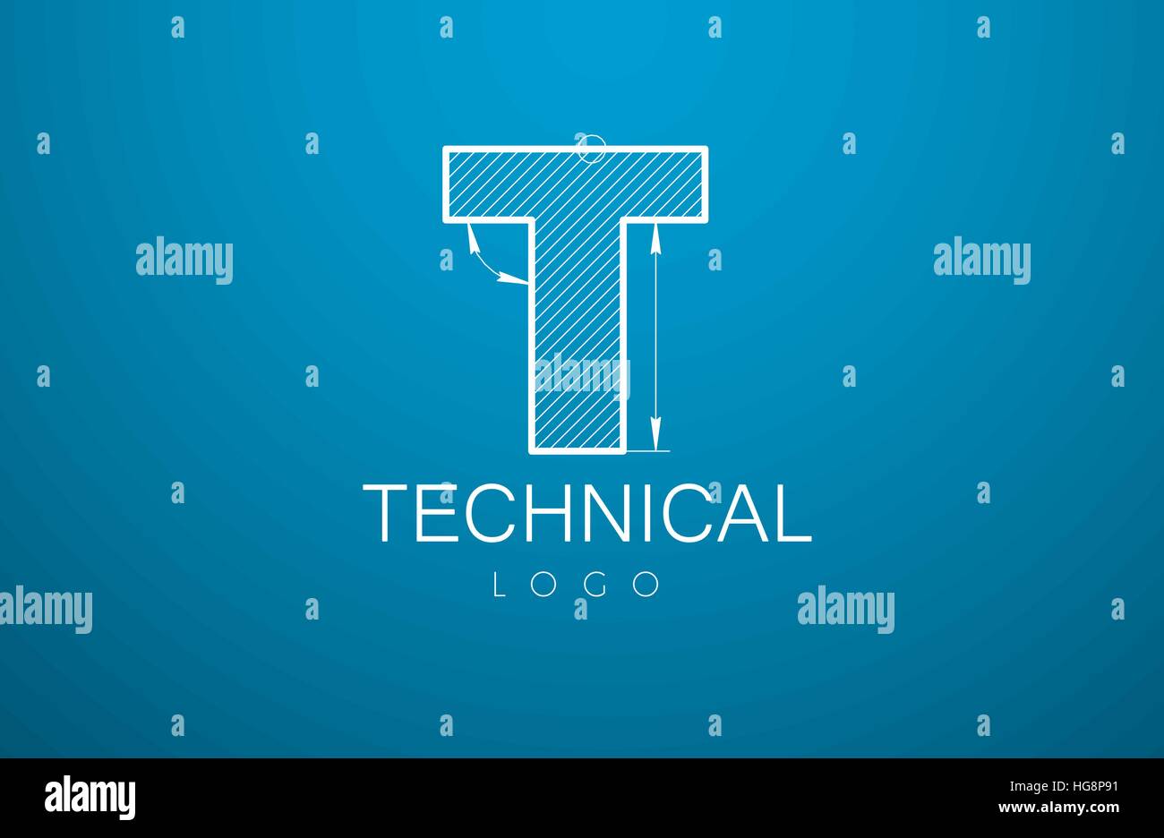 Logo Design Buchstaben T im Stil einer technischen Zeichnung. Melden Sie Vorlagentext und "technische" aus den Maßlinien für den Bau und Reparatur-Firma Stock Vektor