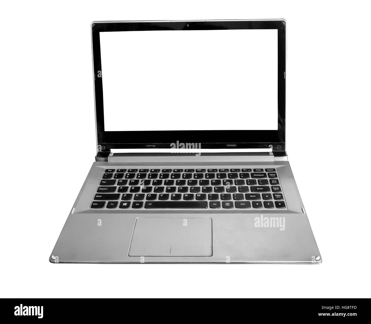 Laptop-Computer mit Deckel isoliert in weiss mit weißen leeren Bildschirm öffnen Stockfoto