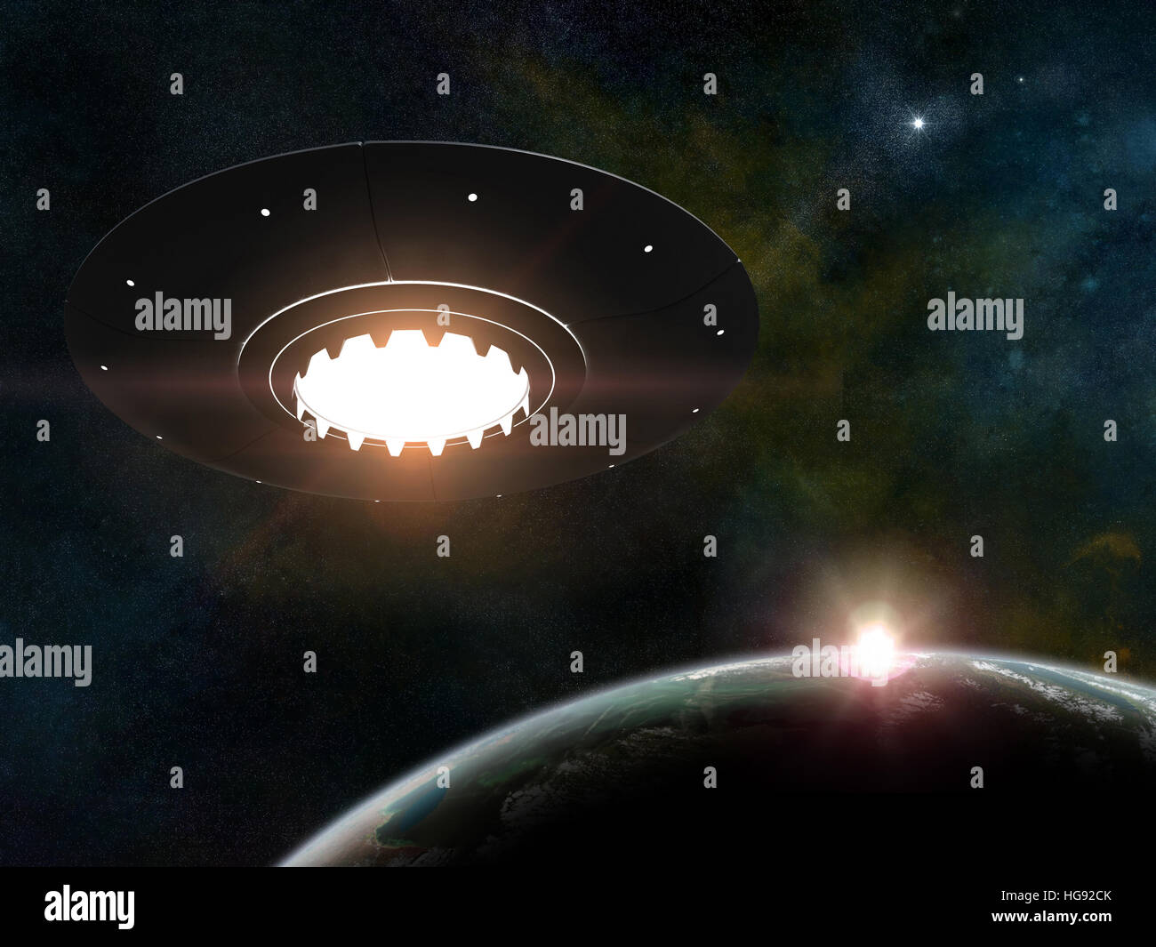3D Render fliegenden Untertasse über Hintergrund der Sterne und Planeten Stockfoto