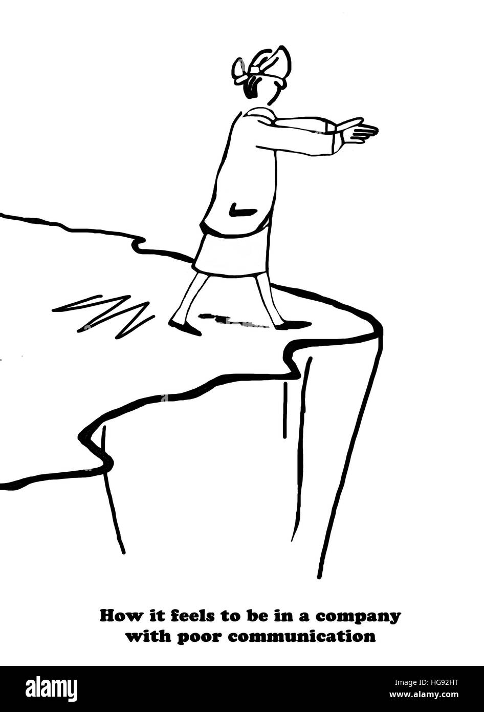 Business-Cartoon über eine mit verbundenen Augen Geschäftsfrau auf einer Klippe Rand - wie es sich anfühlt, ohne Kommunikation. Stockfoto