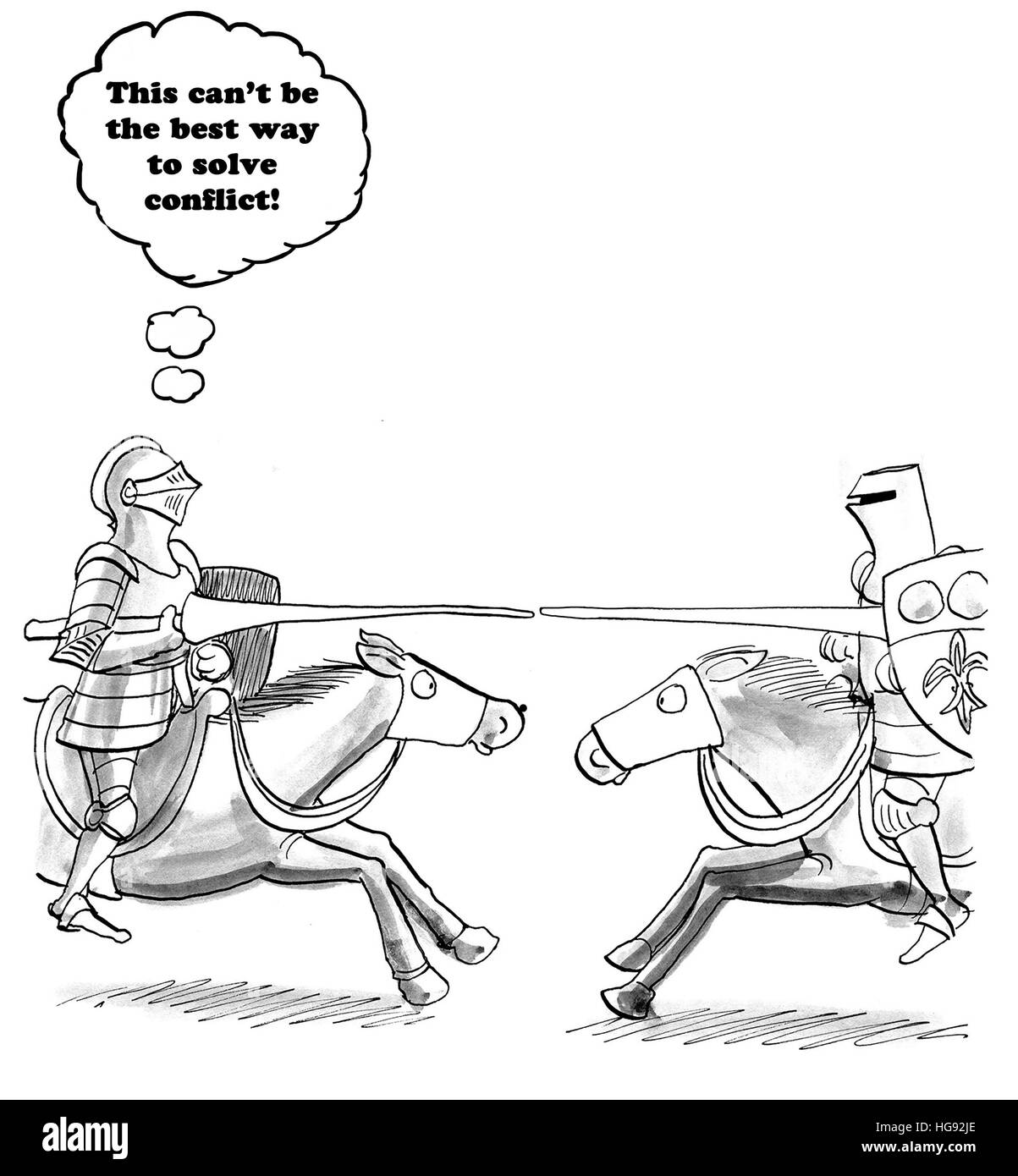 Geschäftliche Cartoon über benötigen eine bessere Möglichkeit, als Ritterturniere Konflikt zu lösen. Stockfoto