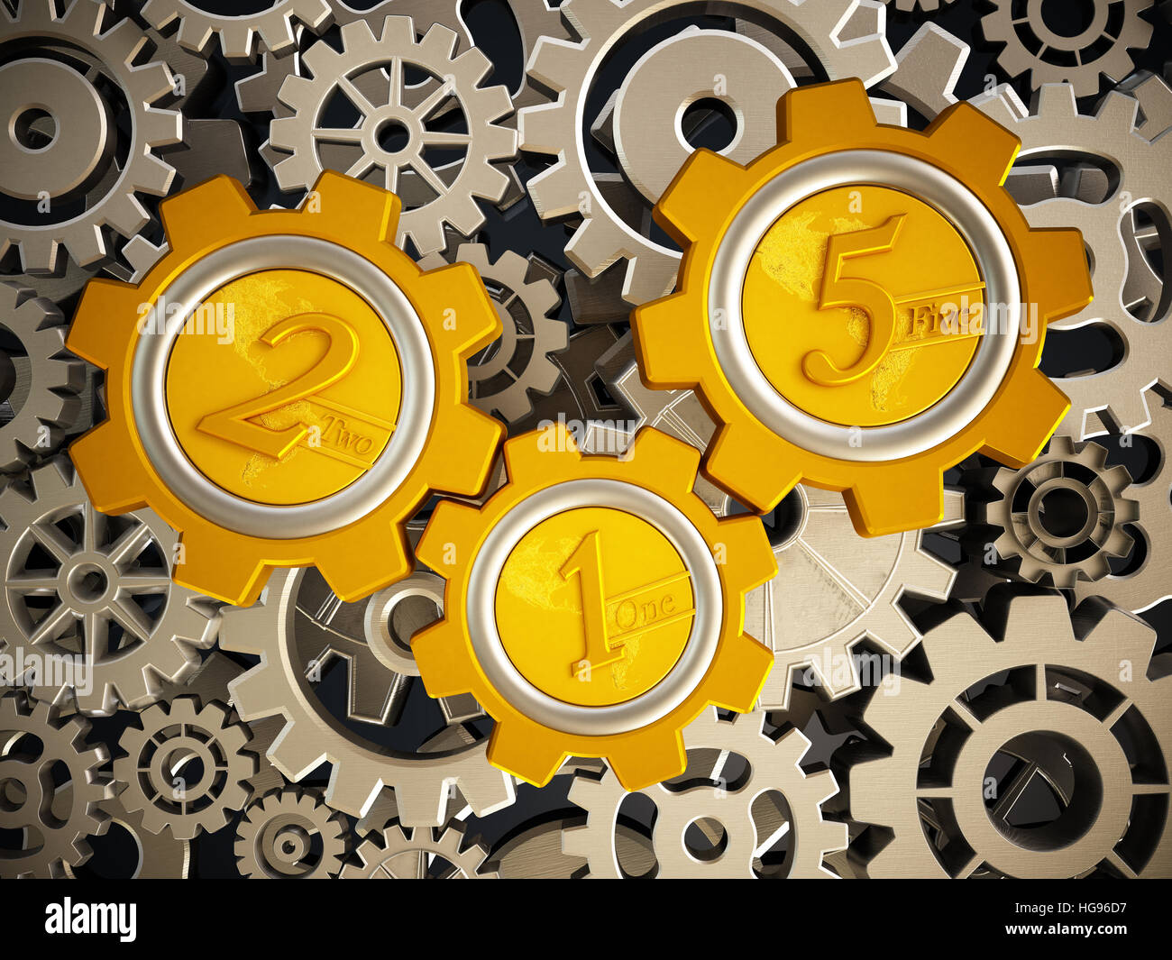 Rad geprägt Goldmünzen mit den Zahlen 1, 2 und 5 in Bewegung. 3D Illustration. Stockfoto