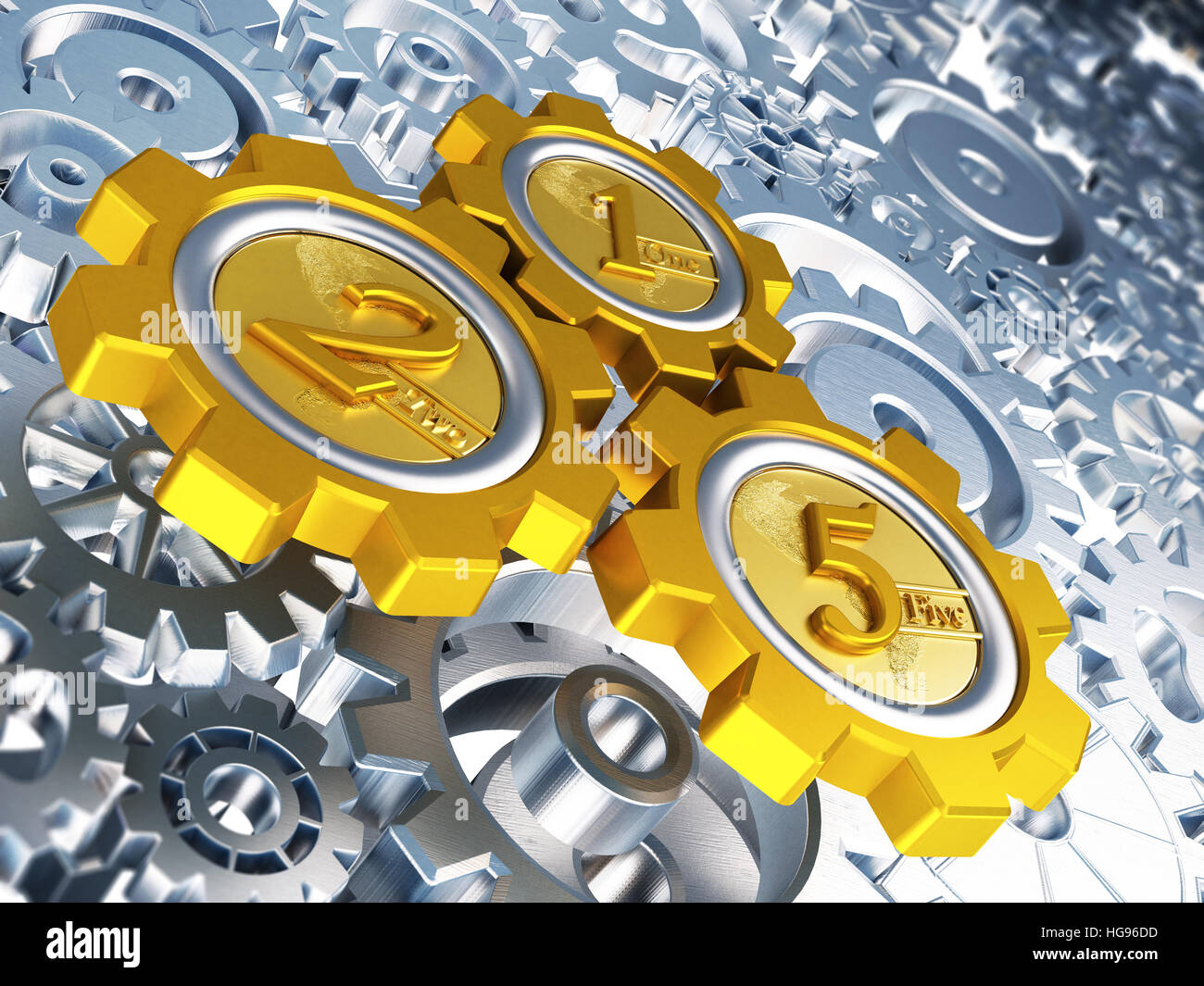 Rad geprägt Goldmünzen mit den Zahlen 1, 2 und 5 in Bewegung. 3D Illustration. Stockfoto