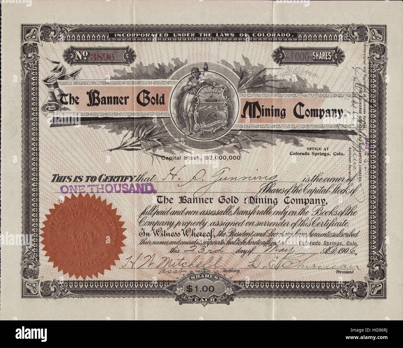 Early Western Mining Stock Certificate - USA Stockfoto