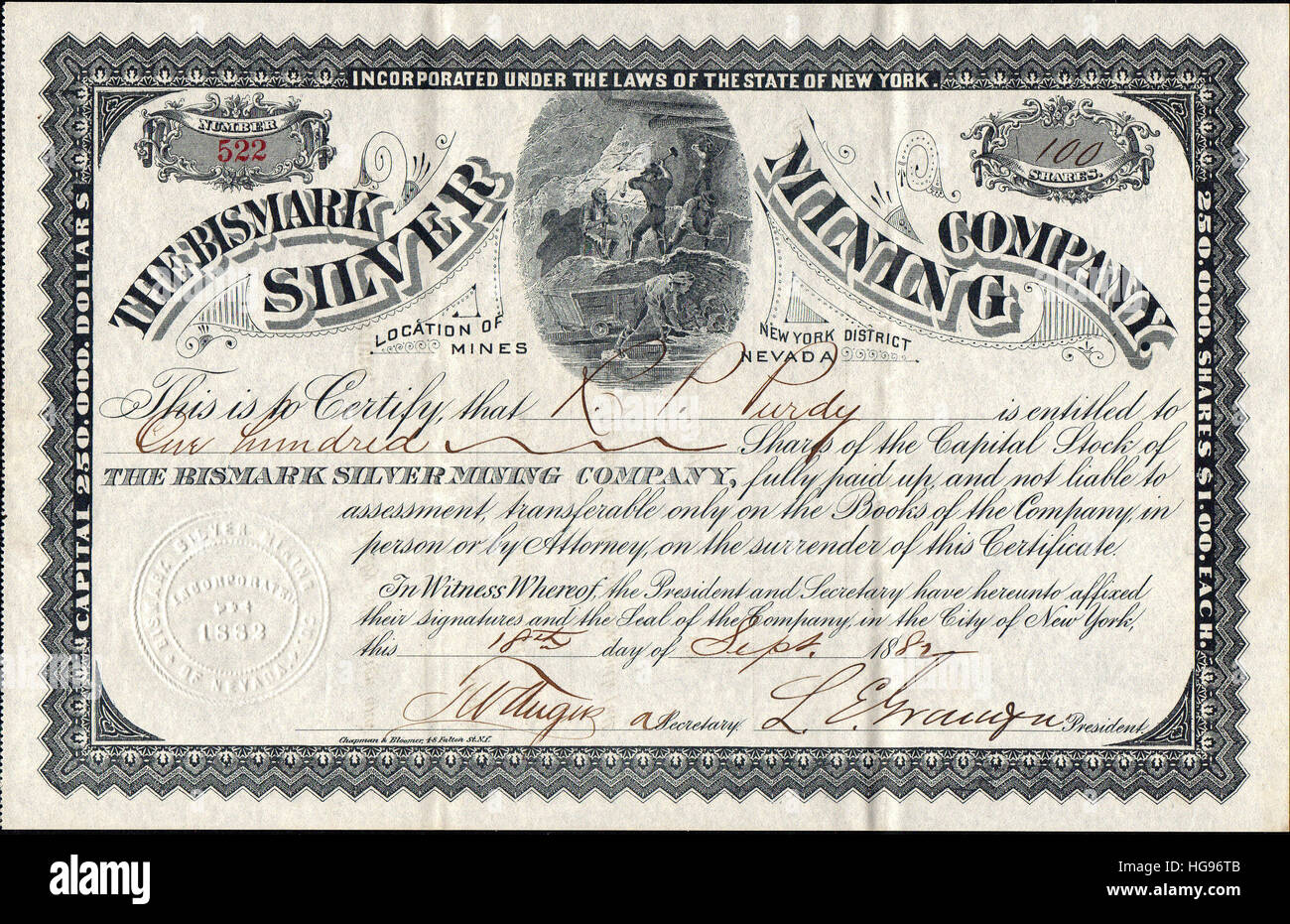 Early Western Mining Stock Certificate - USA Stockfoto