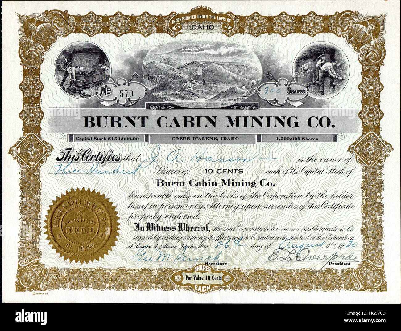 1930 verbrannt Aktienzertifikat Kabine Bergbauunternehmen - verbrannten Cabin Creek - Kootenai County, Coeur D' Alene, Idaho - USA Stockfoto