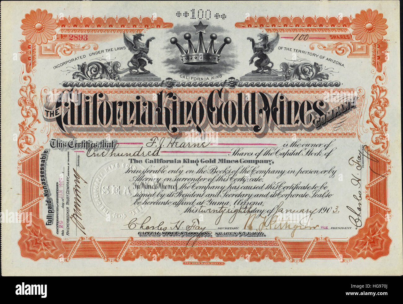 1903 das California King Goldminen Aktien Unternehmenszertifikat - USA Stockfoto