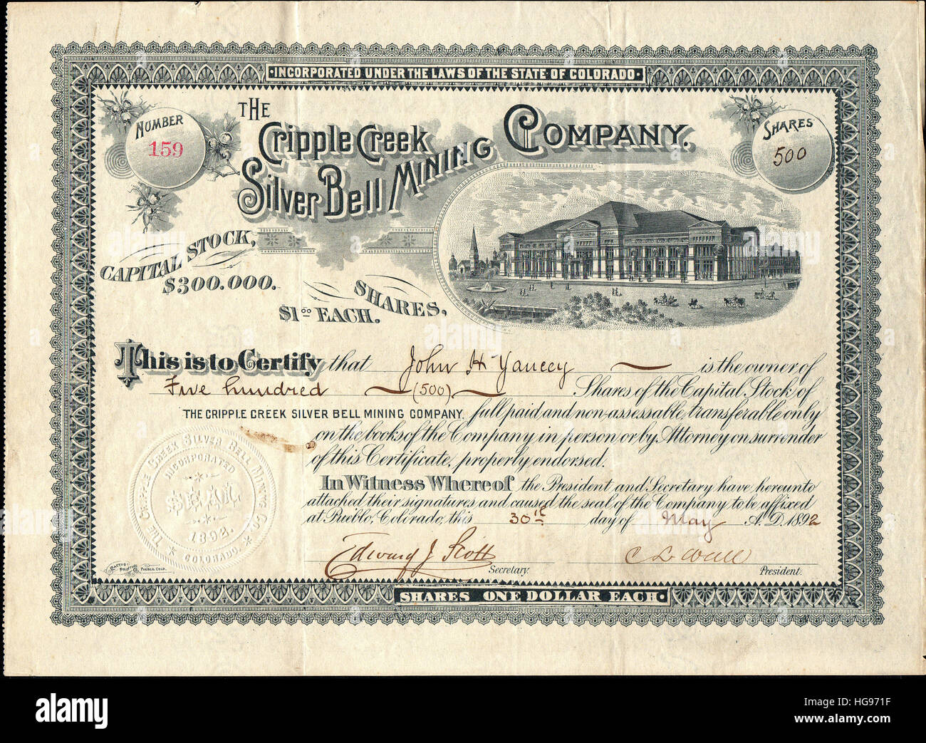 1892 der Cripple Creek Silver Bell Bergbauunternehmen Aktienzertifikat - Mineral Palast Vignette - Colorado, USA Stockfoto