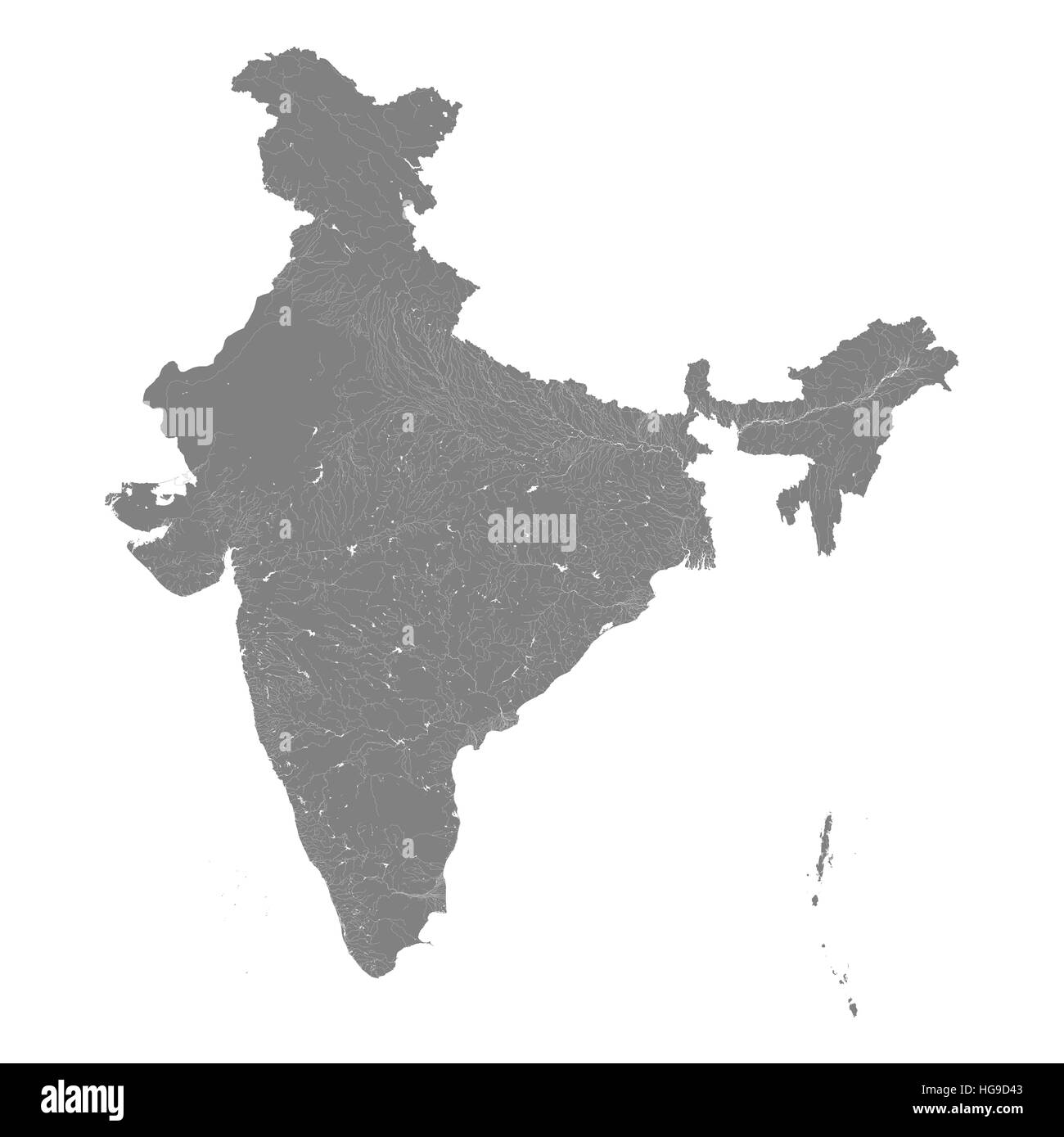 Karte von Indien mit Flüssen und Seen. Stockfoto