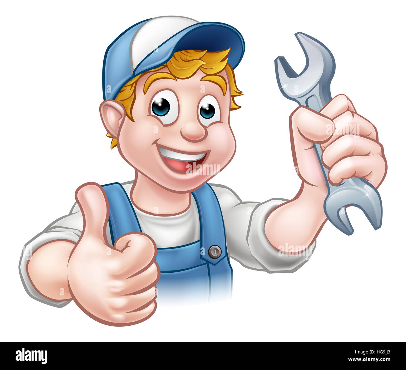 Ein Mechaniker oder Klempner Handwerker Cartoon-Figur hält einen Schraubenschlüssel und geben einen Daumen nach oben Stockfoto