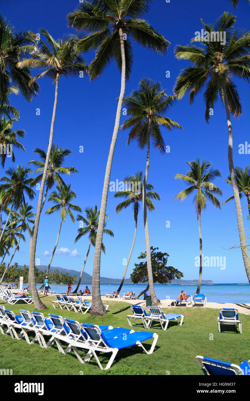 Tropischer Strand mit blaue lange liegen und Rasen im Vordergrund Stockfoto