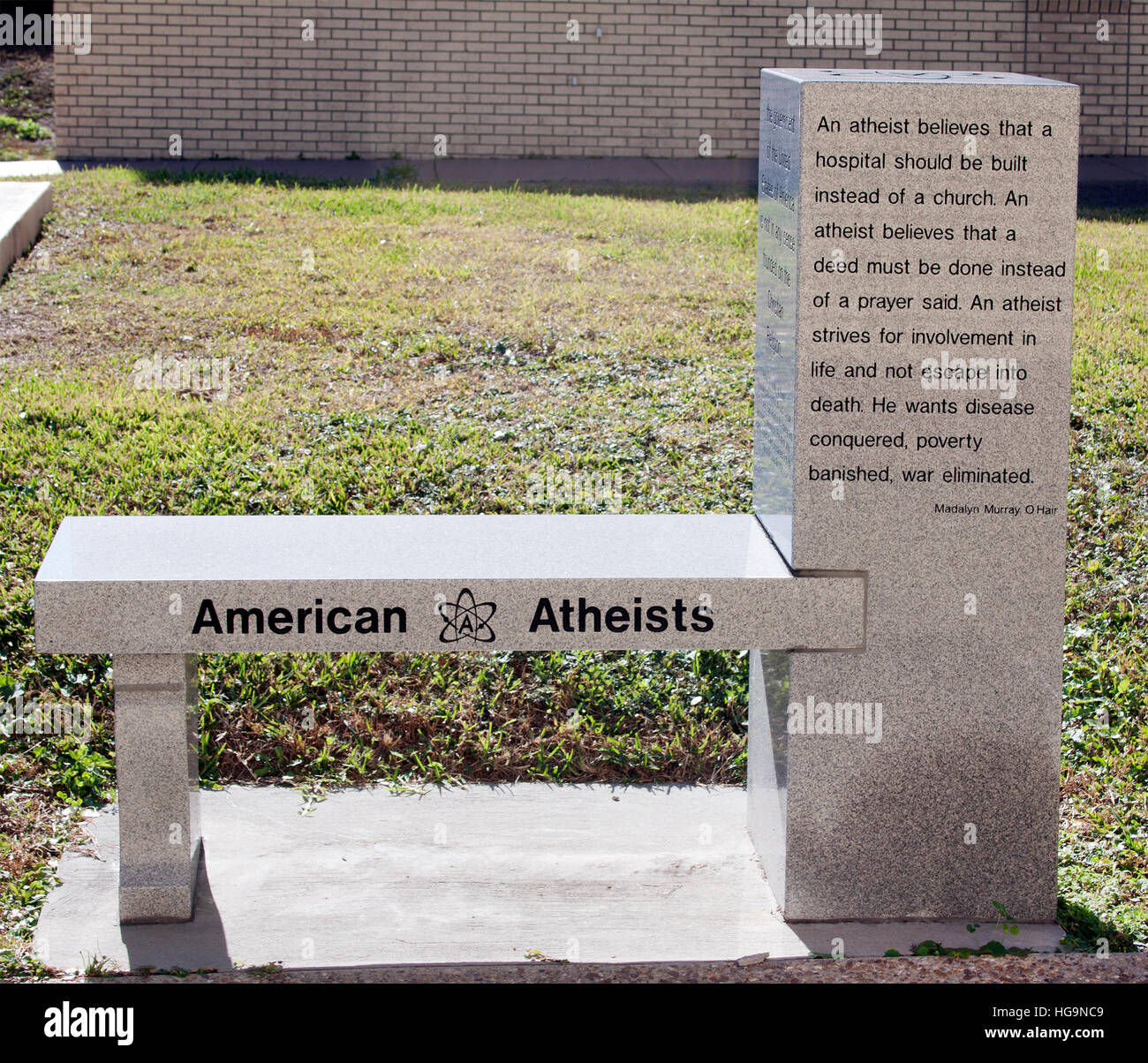 American Atheists Monument Bank in stark, Florida – das erste atheistische Monument auf US-Regierungsgrundstücken, das nationale Debatten ausgelöst hat. Stockfoto