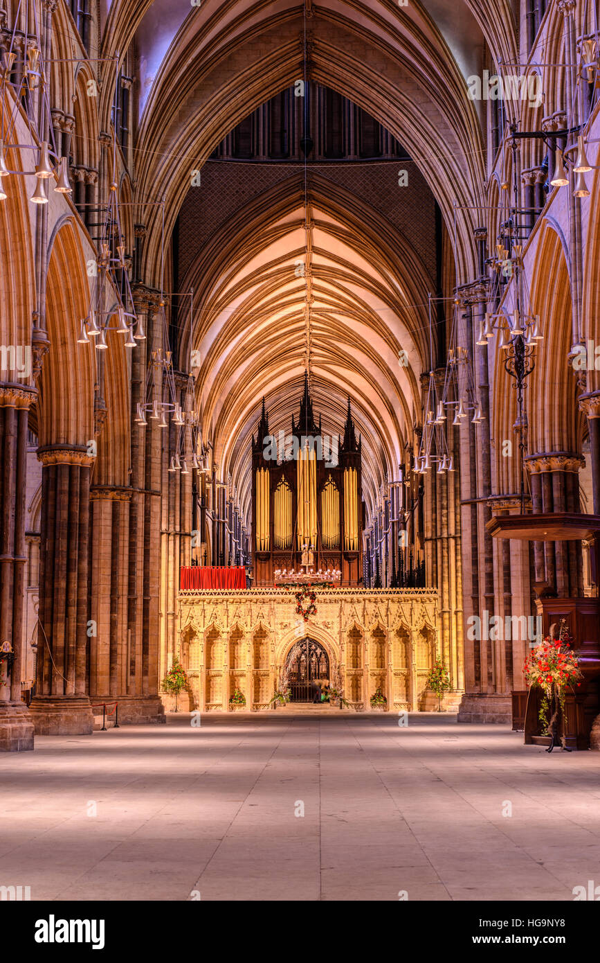 Das Kirchenschiff, Lettner und Orgel der Kathedrale von Lincoln, England. Stockfoto