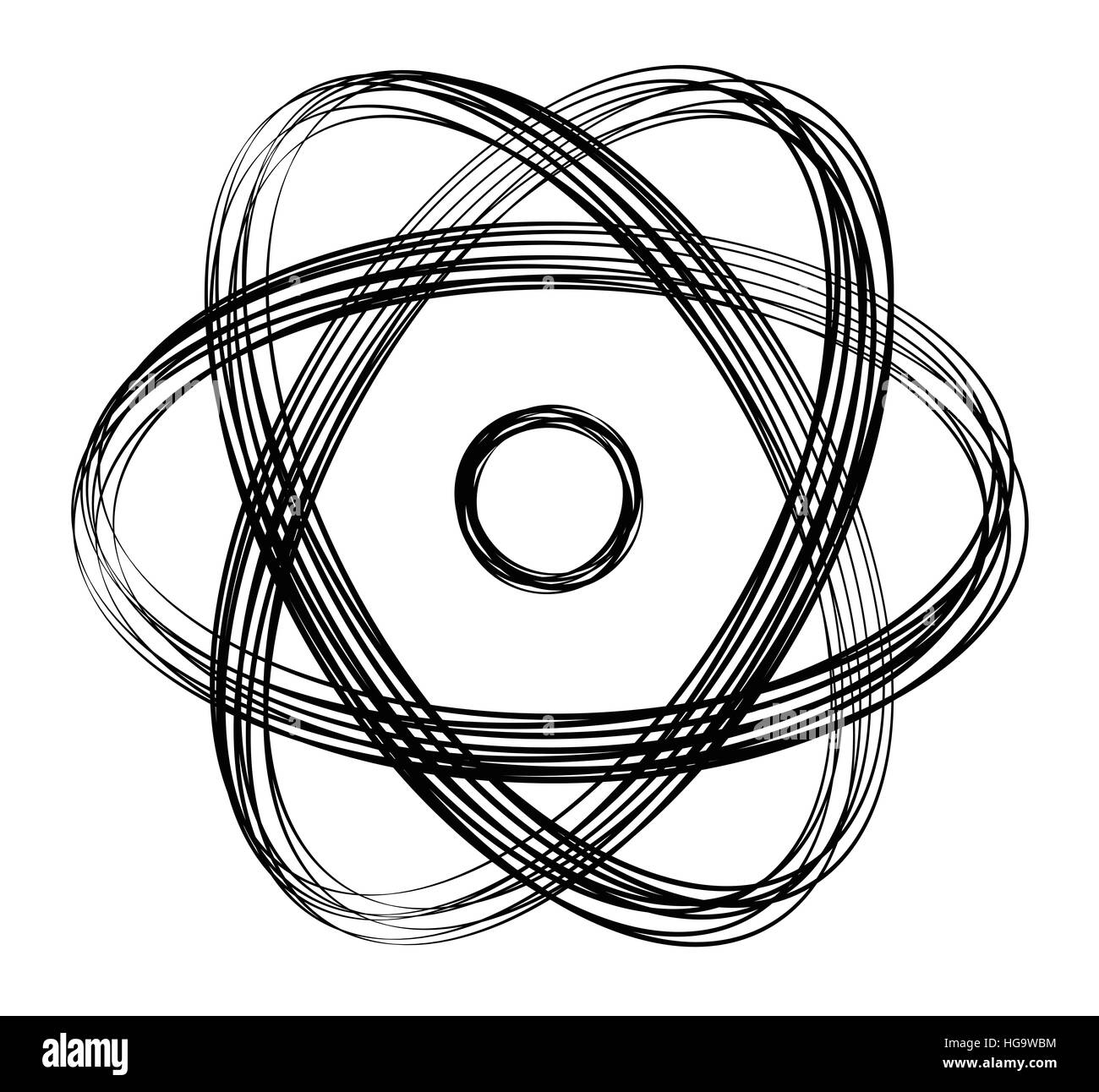 Atomare Symbol mit schwarzen Linien. Viele überlappende Saiten erzeugen ein dynamischeren Zeichen. Kern in der Mitte mit drei Ellipsen. Stockfoto