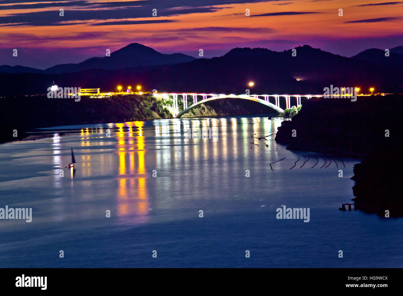 Sibenik Bucht Brücke Abenddämmerung Blick, Dalmatien, Kroatien Stockfoto