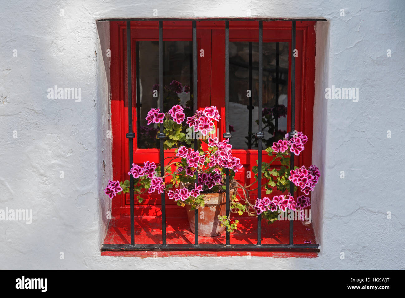 Mijas Costa Del Sol, Provinz Malaga, Andalulusia, Südspanien.  Typisch weiß getünchten Bergstadt.  Beliebte touristische besuchen. Blumen im Blumentopf b Stockfoto