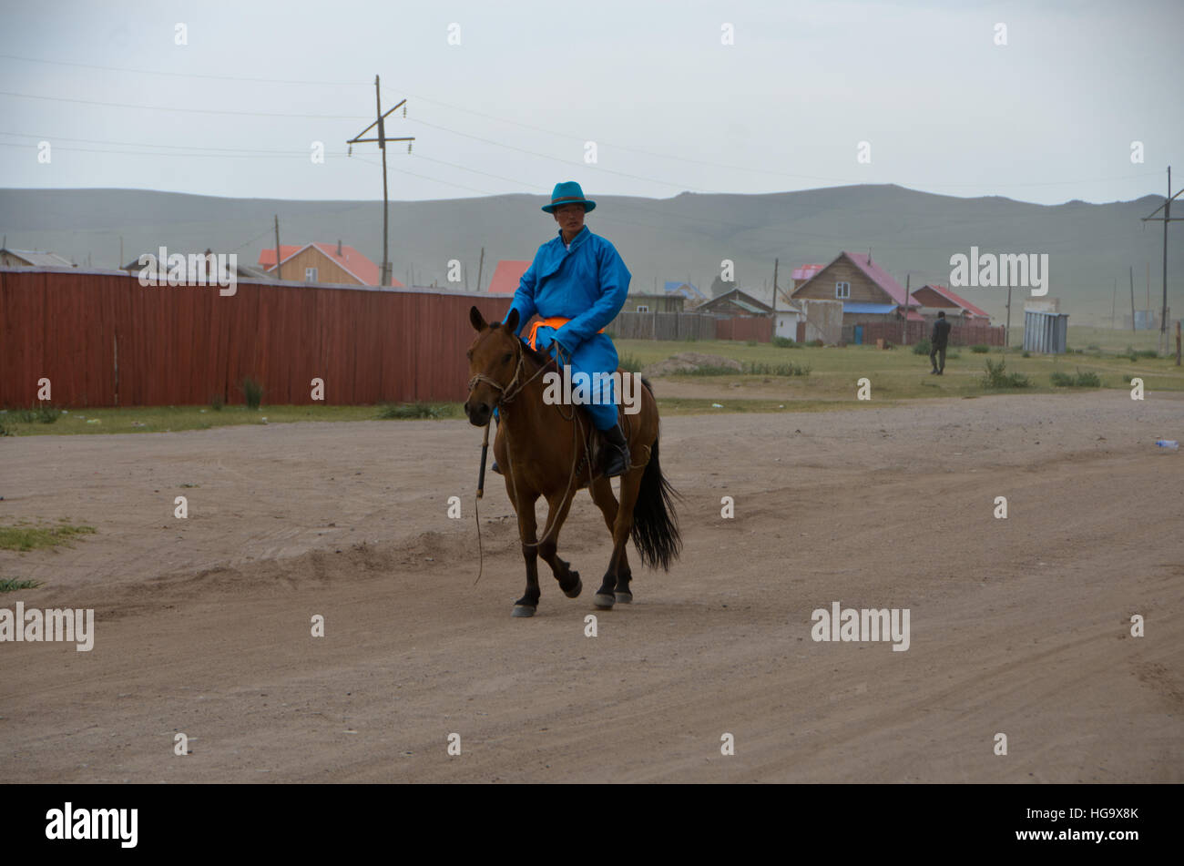 Mongolische Reiter in Tracht. Stockfoto