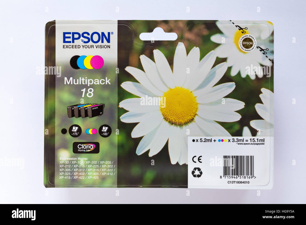 Pack von Epson Multipack18 Tintenpatronen isoliert auf weißem Hintergrund Stockfoto