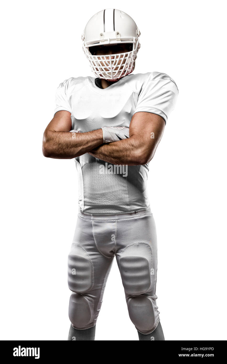 Football-Spieler mit einem weißen uniform auf einem weißen Hintergrund. Stockfoto