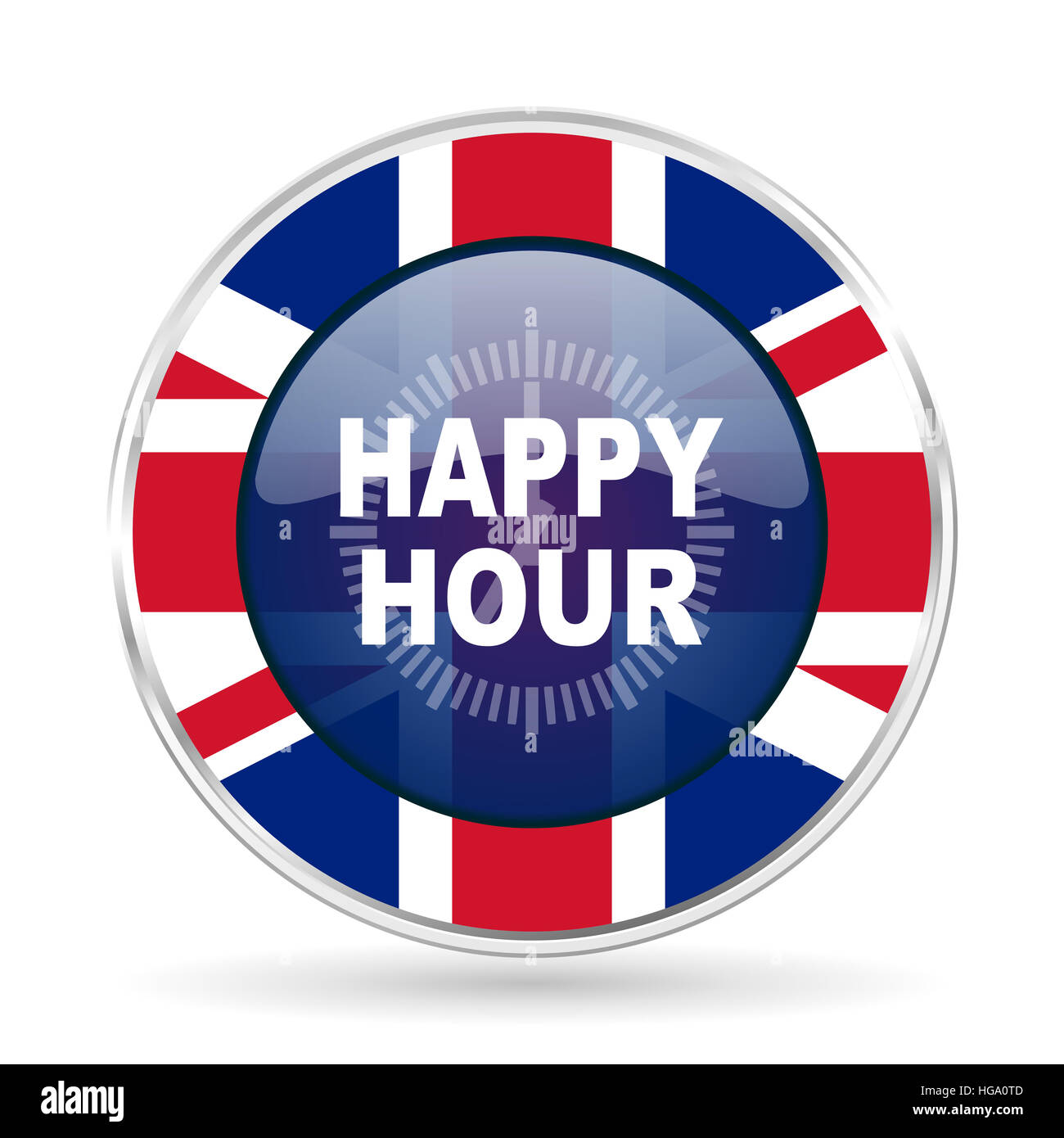 Happy-Hour-britische Design-Ikone - Runde Silber metallic Schaltfläche mit Großbritannien Flagge Stockfoto