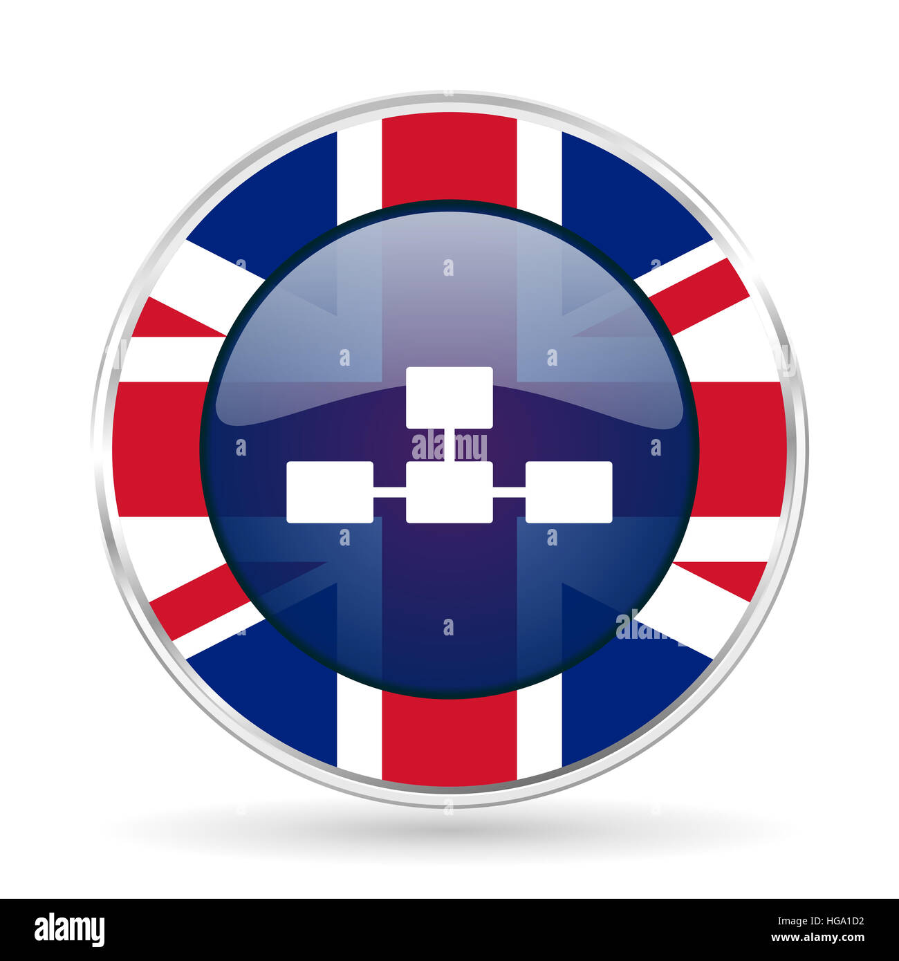 Datenbank-britische Design-Ikone - Runde Silber metallic Schaltfläche mit Großbritannien Flagge Stockfoto