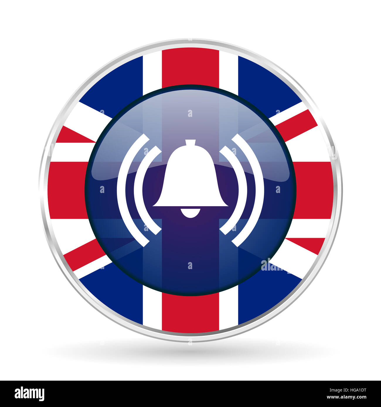 Alarm-britische Design-Ikone - Runde Silber metallic Schaltfläche mit Großbritannien Flagge Stockfoto