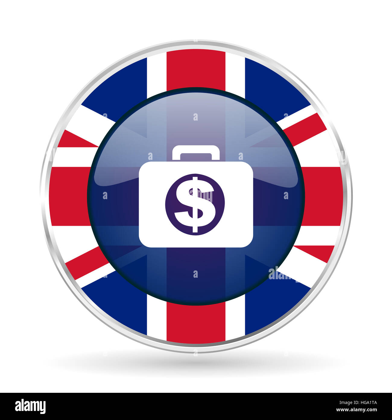 finanzielle britischen Design-Ikone - Runde Silber metallic Schaltfläche mit Großbritannien Flagge Stockfoto