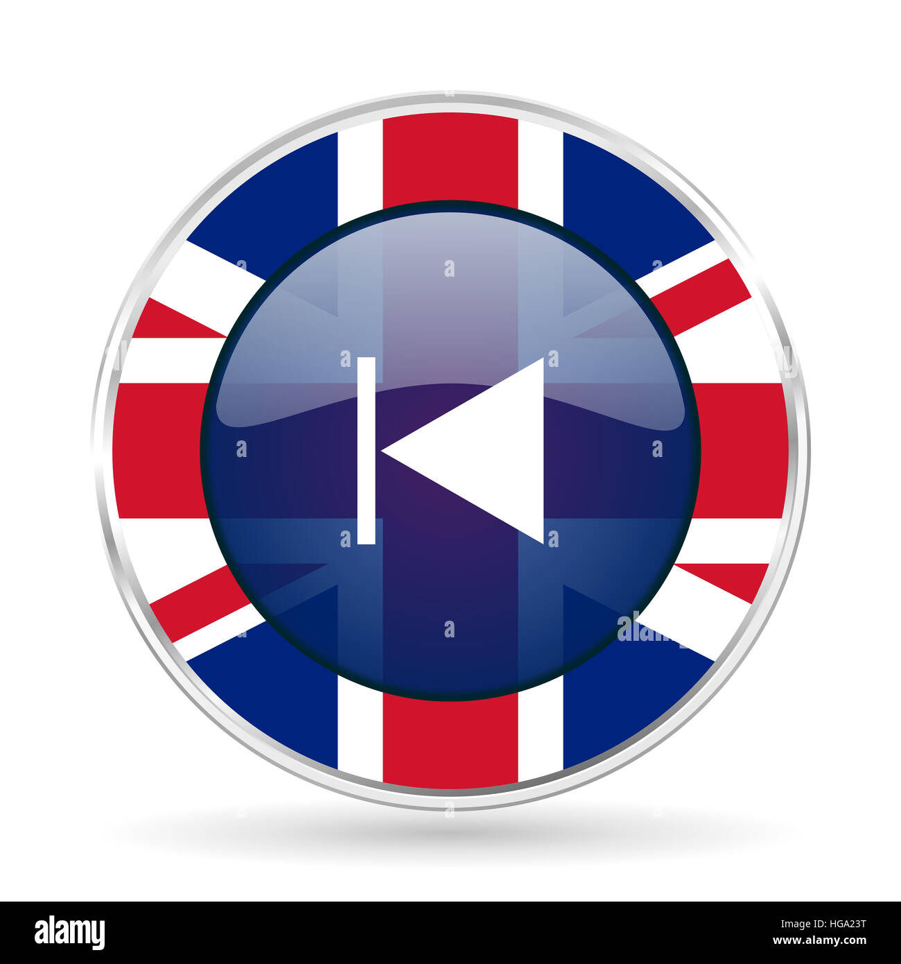 Prev-britische Design-Ikone - Runde Silber metallic Schaltfläche mit Großbritannien Flagge Stockfoto