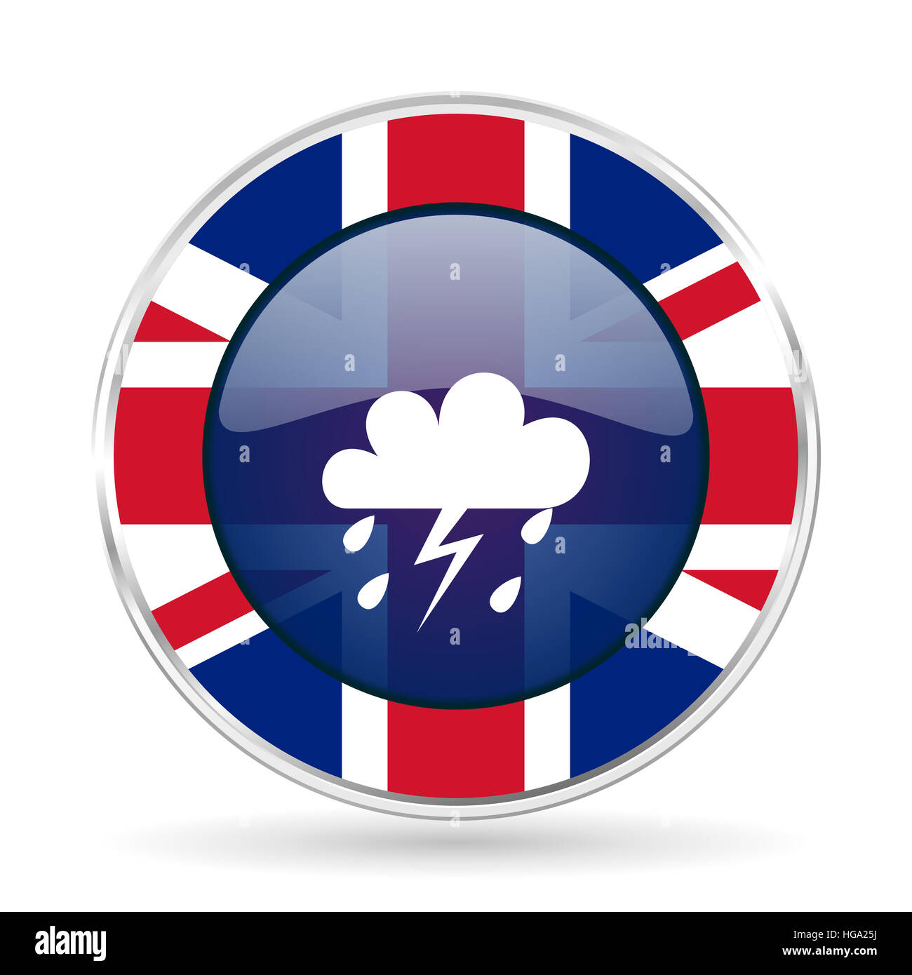 Sturm-britische Design-Ikone - Runde Silber metallic Schaltfläche mit Großbritannien Flagge Stockfoto