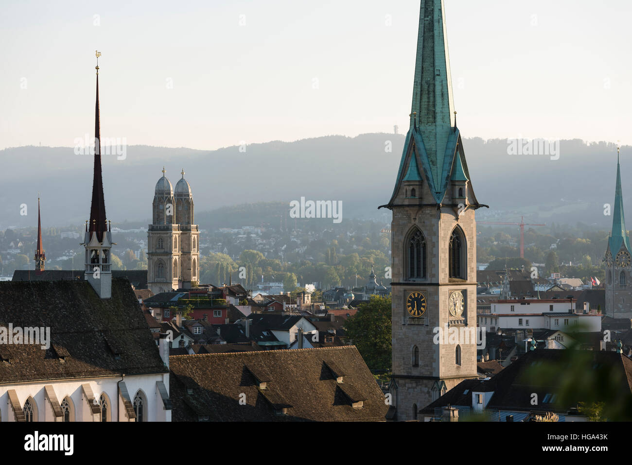 Zürich-Stadt-Panorama mit Grossmünster Kathedrale, Predigerkirche und Fraumünster in der untergehenden Sonne. Stockfoto
