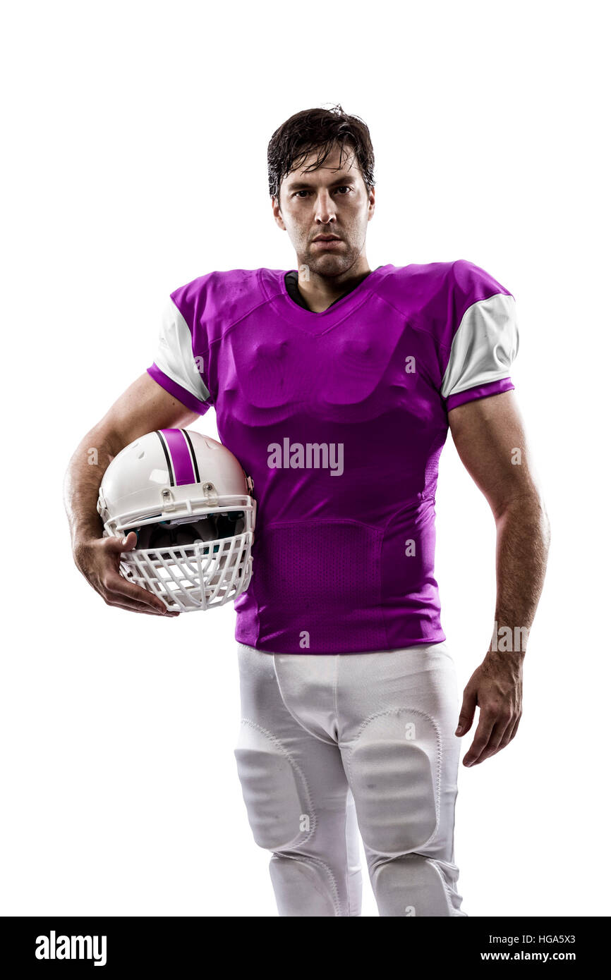 Football-Spieler mit einer rosa Uniform auf einem weißen Hintergrund. Stockfoto